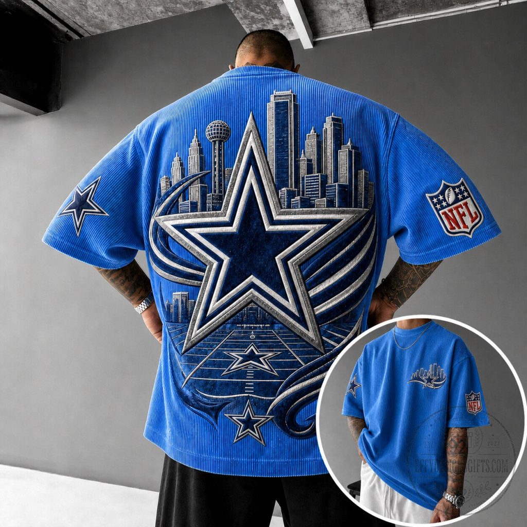 Dallas Cowboys Football Team Cityscape Star Logo Blue Oversized T-Shirt Dallas Cowboys Football Team Cityscape Star Logo Blue Oversized T-Shirt