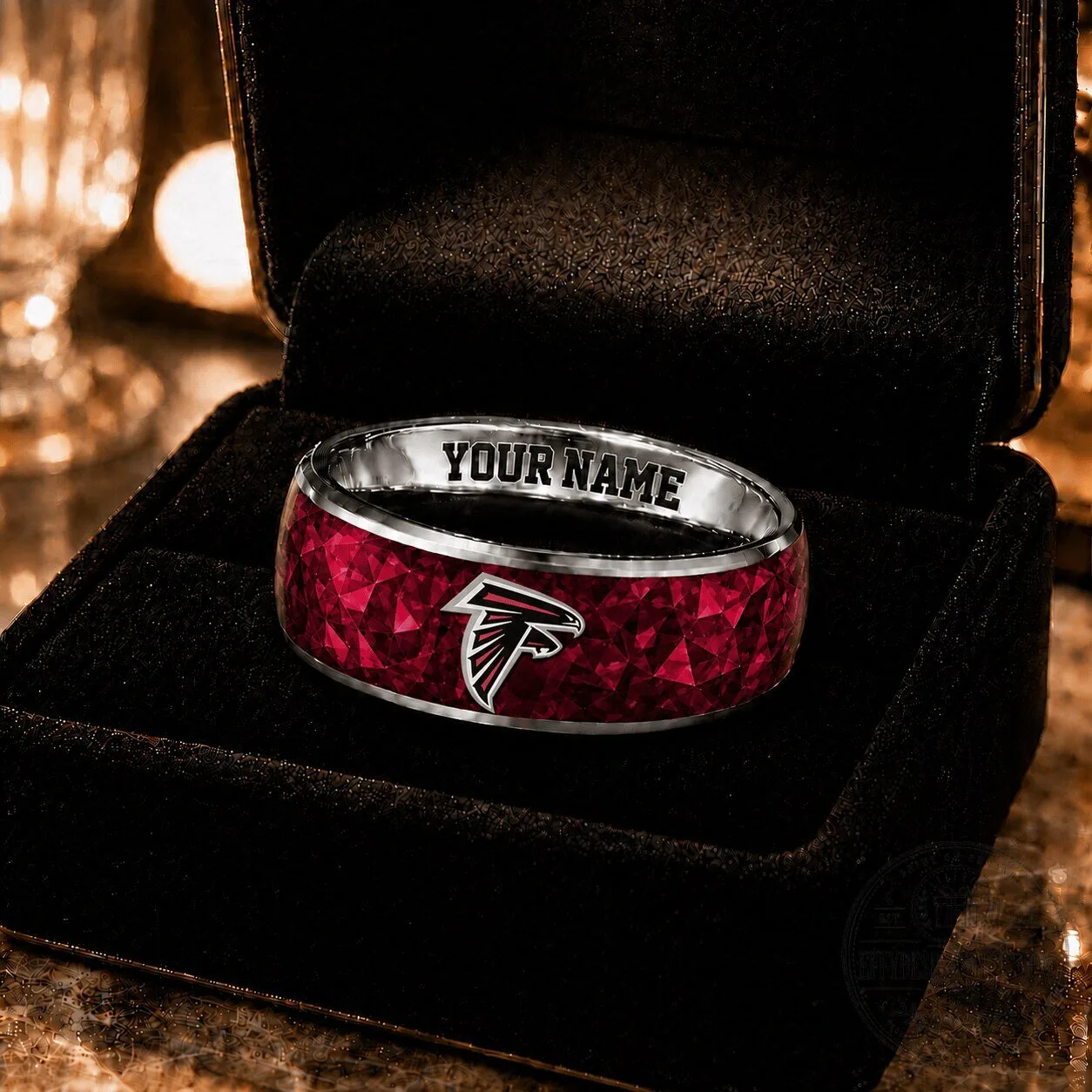 Atlanta Falcons NFL Custom Name Red Diamond Pattern Stainless Steel Ring