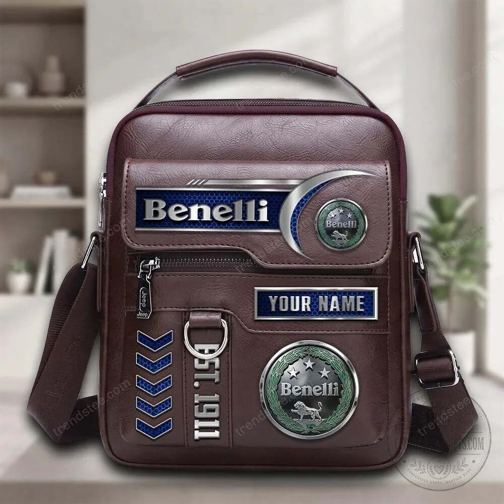Benelli Motorcycle Company Logo Personalized Brown Leather Crossbody Bag