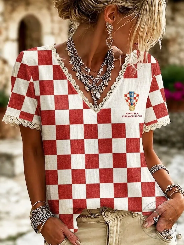 Croatia FIFA World Cup Checkered Pattern Women's V-Neck T-Shirt