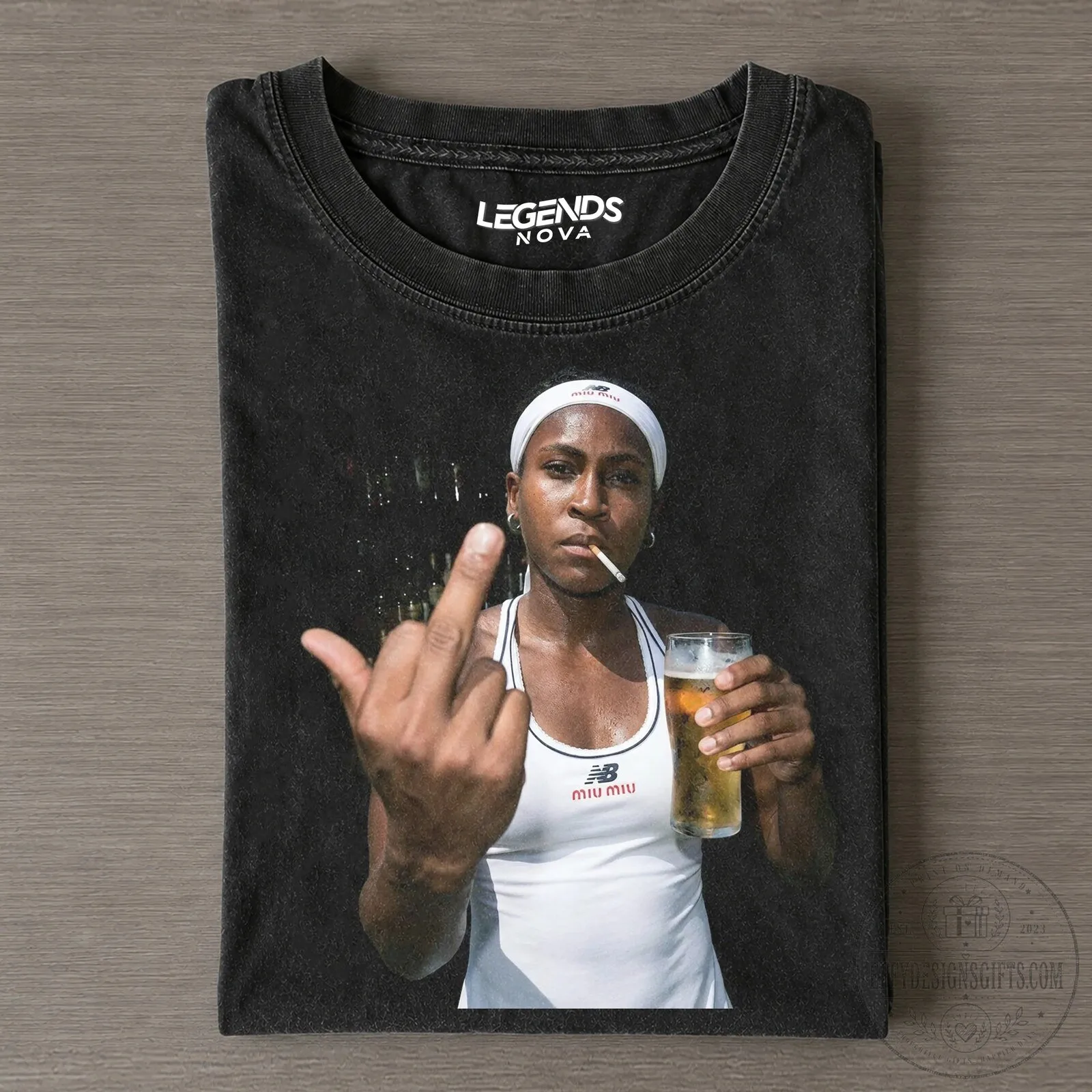 Coco Gauff Tennis Player Middle Finger and Beer Black T-Shirt