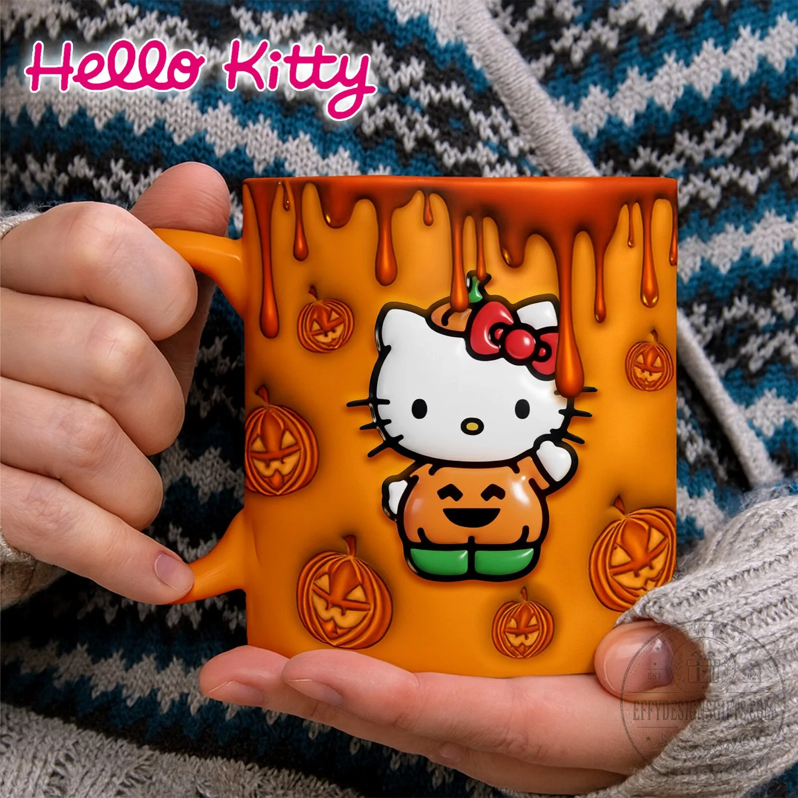 Ceramic Coffee Mug with Hello Kitty Halloween Pumpkin Drip Design in Orange