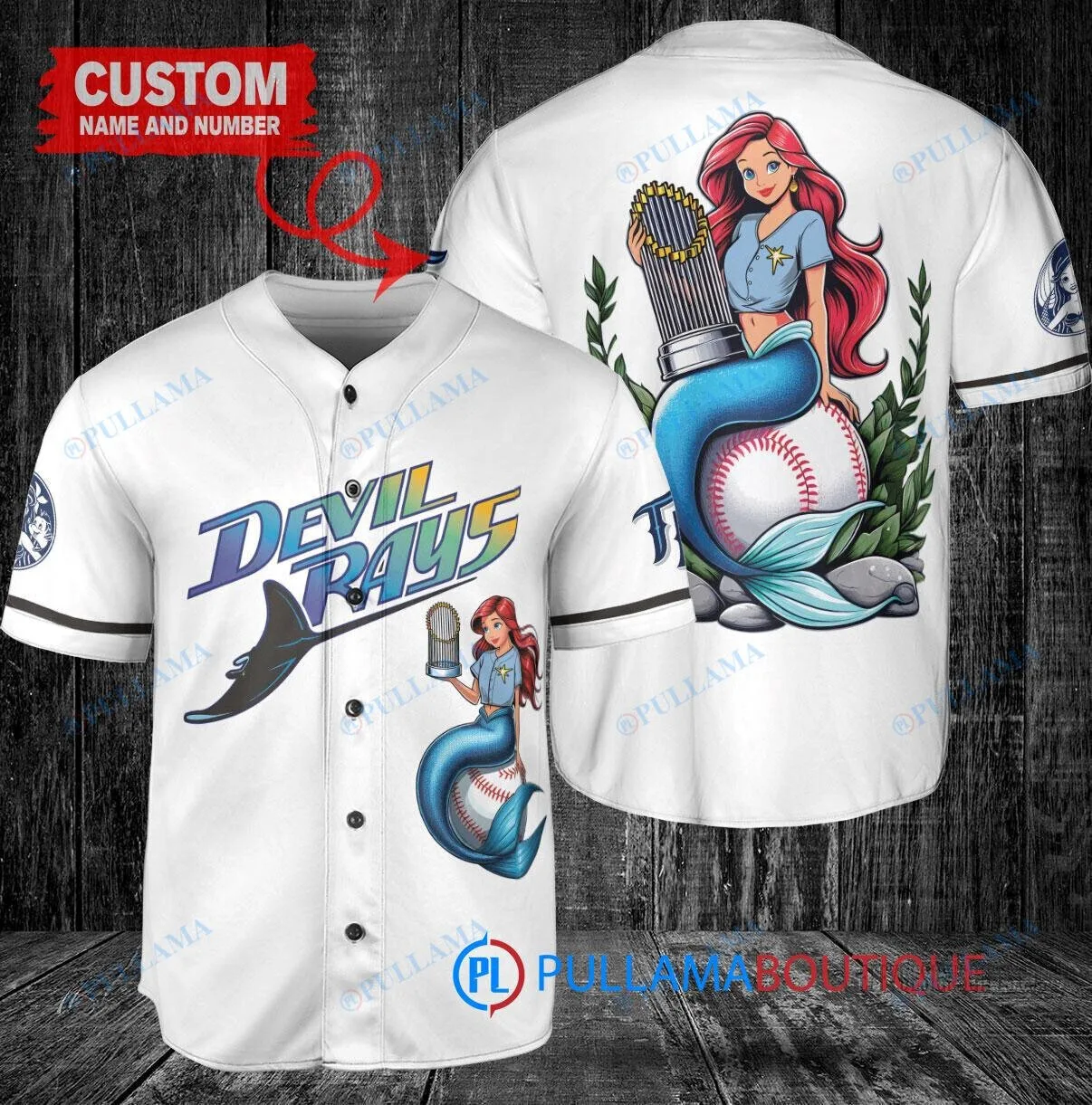 Tampa Bay Rays Baseball Jersey with Ariel Mermaid and World Series Trophy