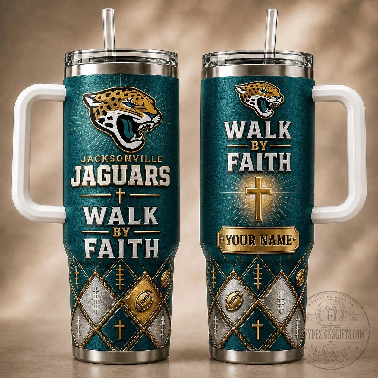 Jacksonville Jaguars Walk By Faith Personalized Tumbler With Handle