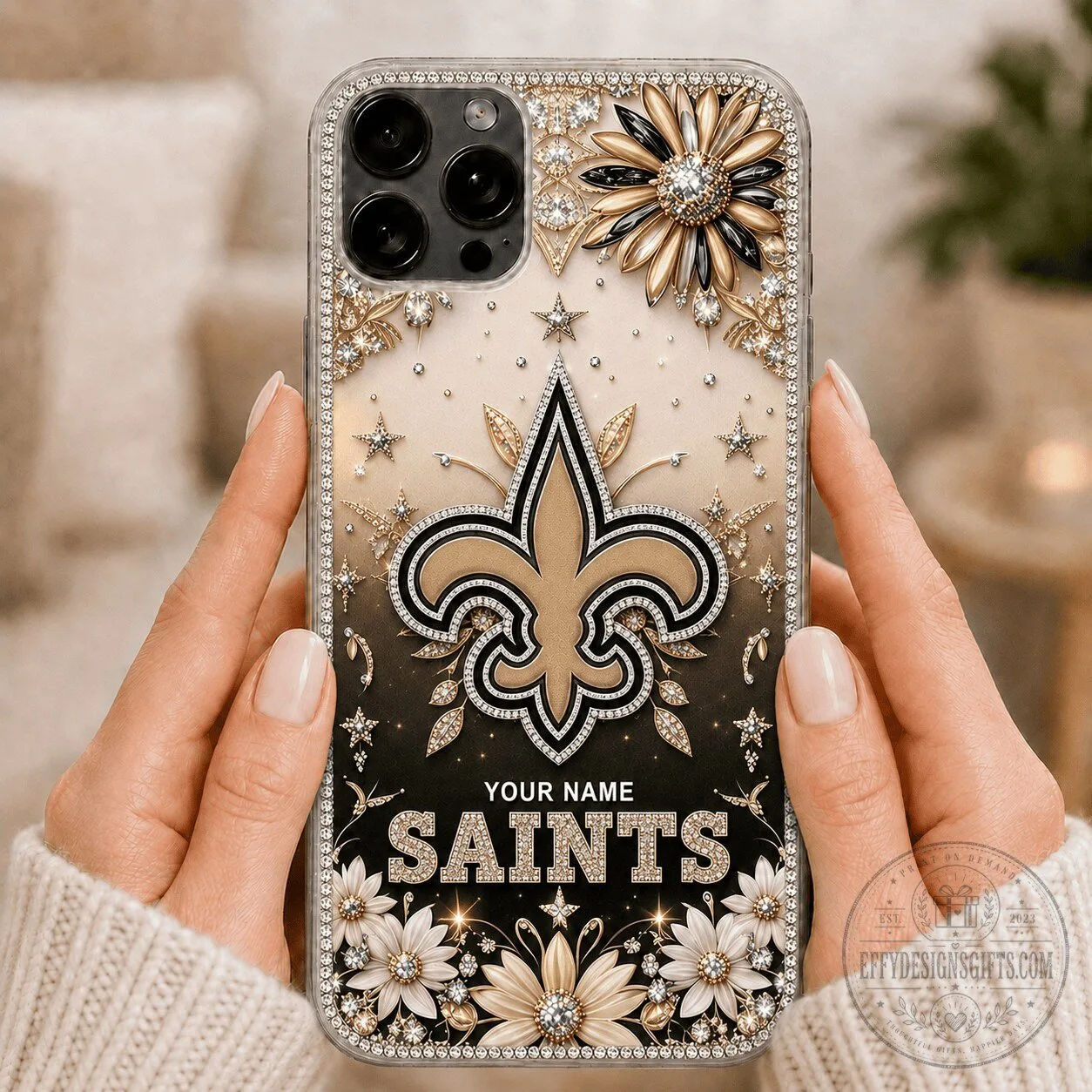 New Orleans Saints Custom Name Fleur De Lis Diamond Phone Case