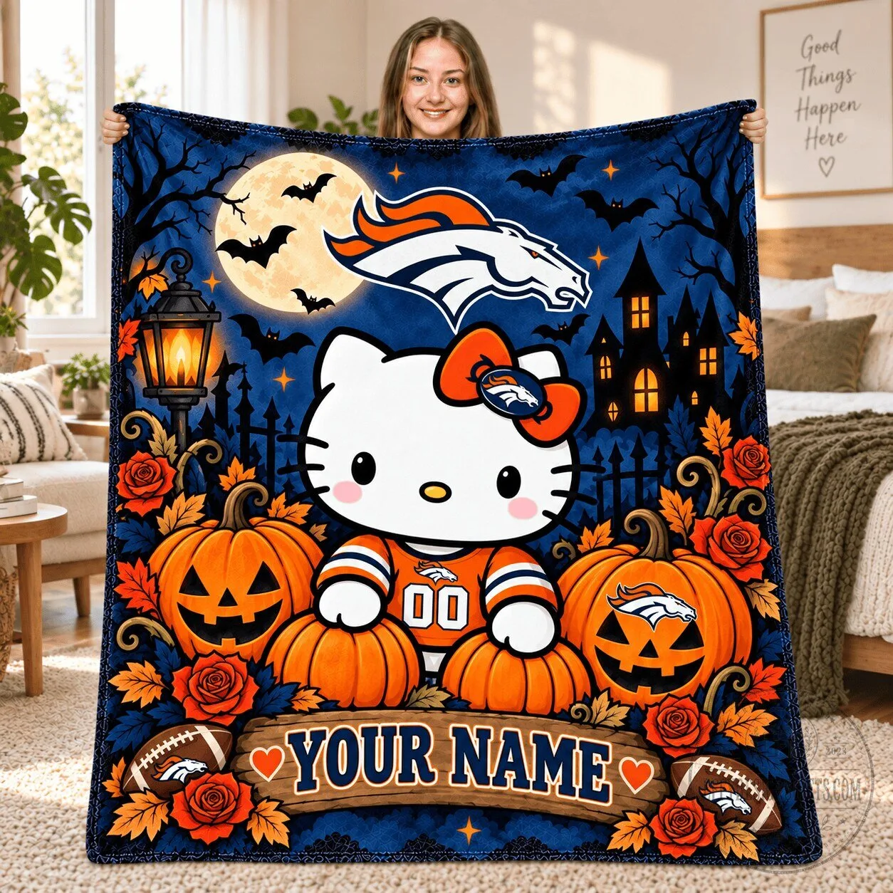 Denver Broncos Hello Kitty Halloween Fleece Blanket Custom Name