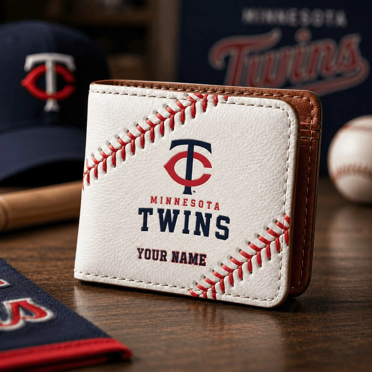 Minnesota Twins Baseball Stitched White Leather Wallet Custom Name Gift