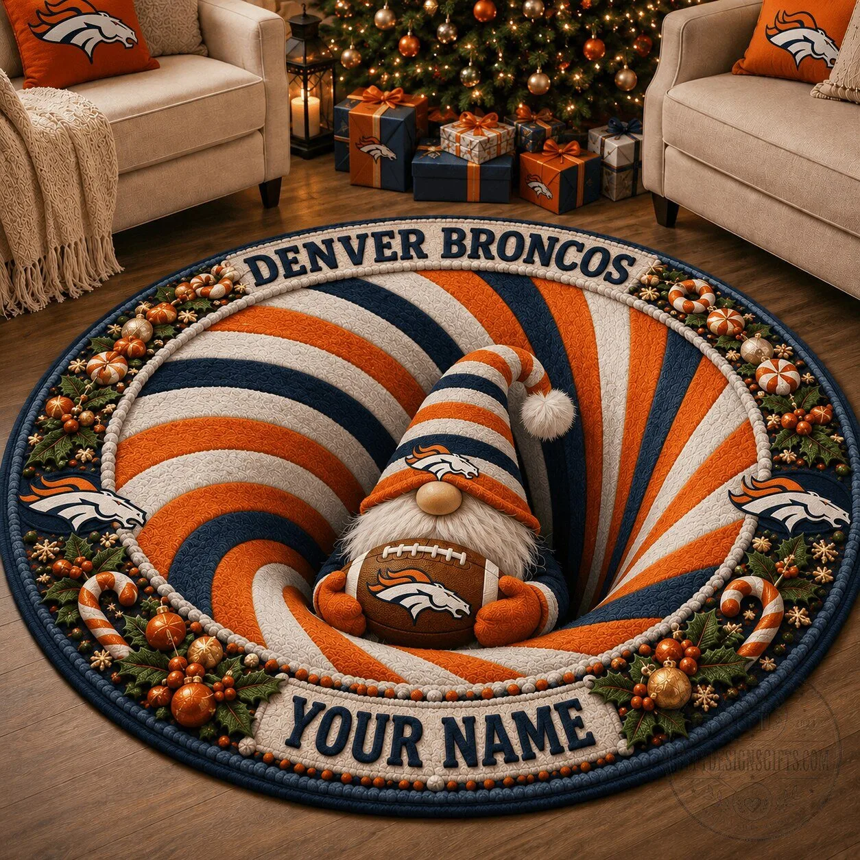 Denver Broncos Gnome Swirl Custom Name Round Area Rug