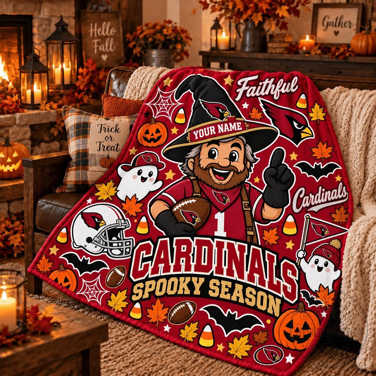 Arizona Cardinals Halloween Spooky Season Football Fan Fleece Blanket 1 Arizona Cardinals Halloween Spooky Season Football Fan Fleece Blanket