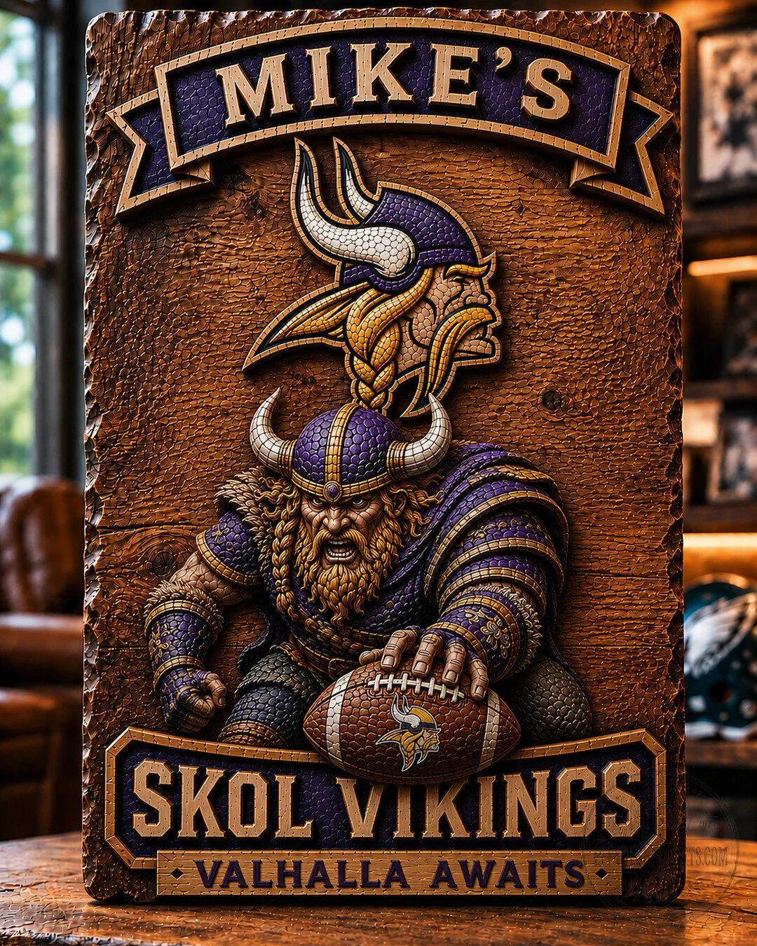 Minnesota Vikings Skol Valhalla Awaits Custom Name Engraved Wooden Wall Art Plaque