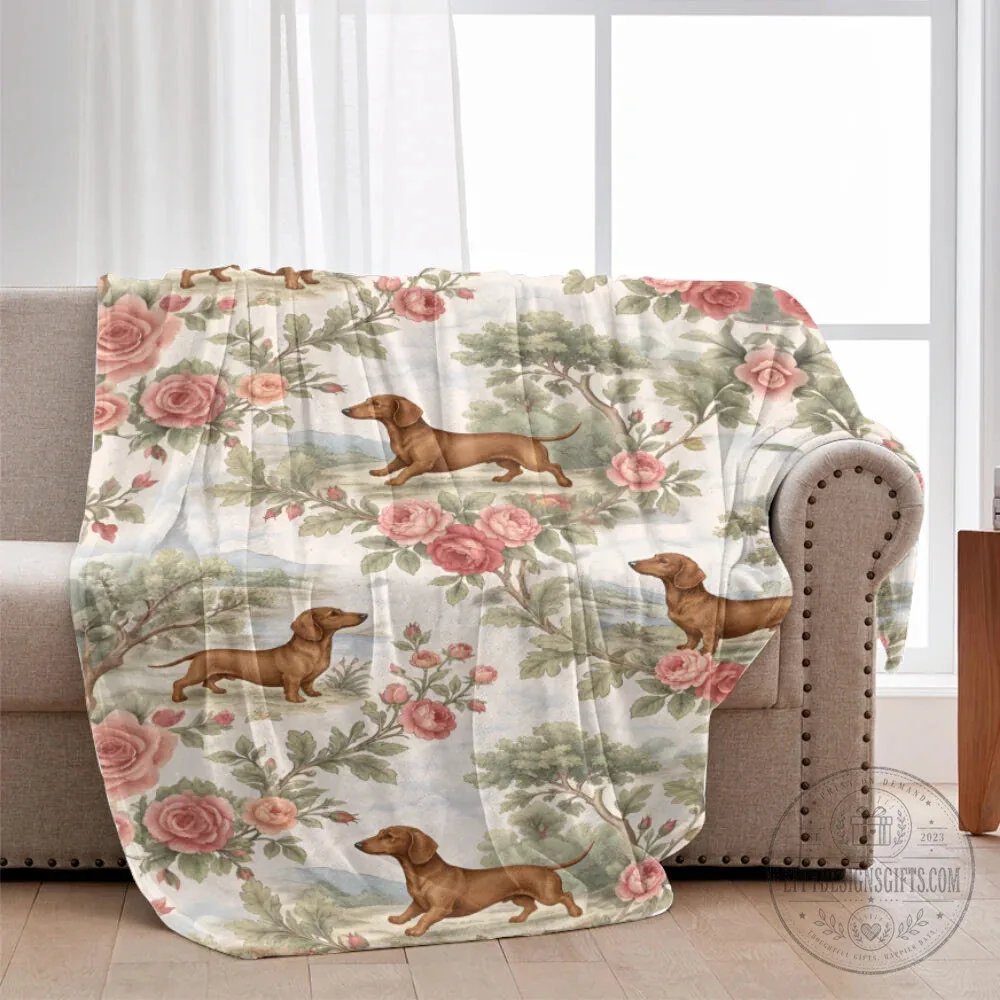 Dachshund Toile de Jouy Pattern Soft Fleece Throw Blanket