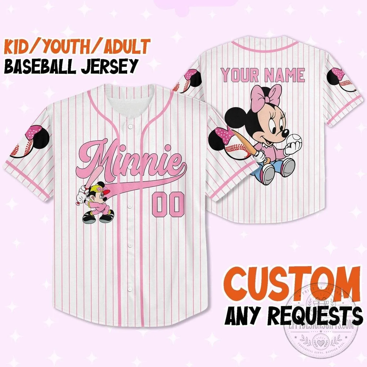 Minnie Mouse Baseball Jersey for Kids and Adults, Pink Pinstripe Custom Name