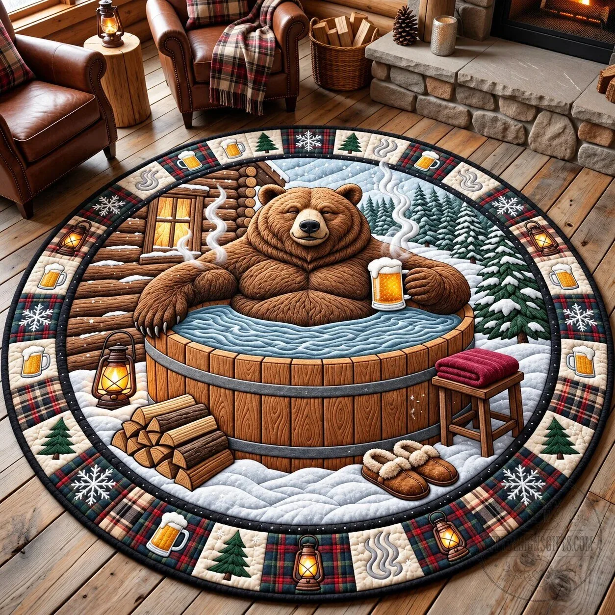 Hot Tub Bear Winter Cabin Scene Round Area Rug