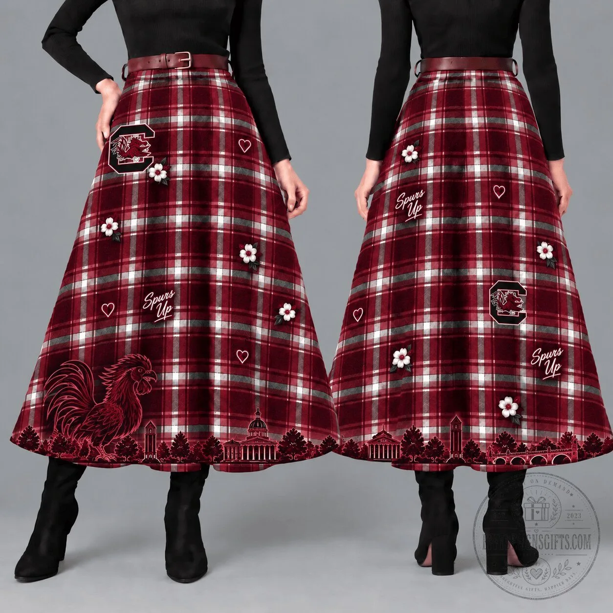 South Carolina Gamecocks Women's Plaid Maxi Skirt with Spurs Up Design 2 South Carolina Gamecocks Women's Plaid Maxi Skirt with Spurs Up Design
