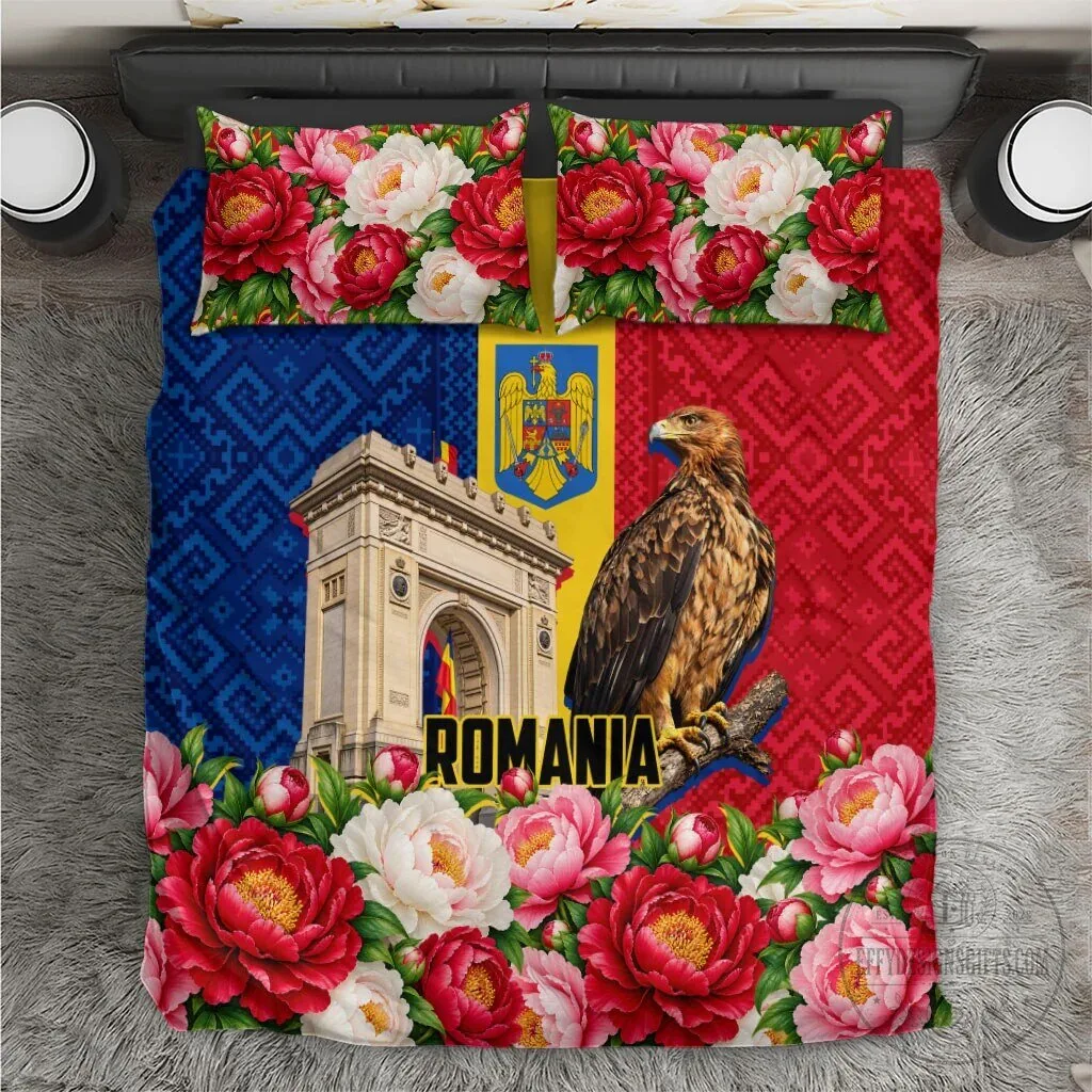 Romania Flag Eagle Arcul de Triumf Floral Peony Pattern Bedding Set