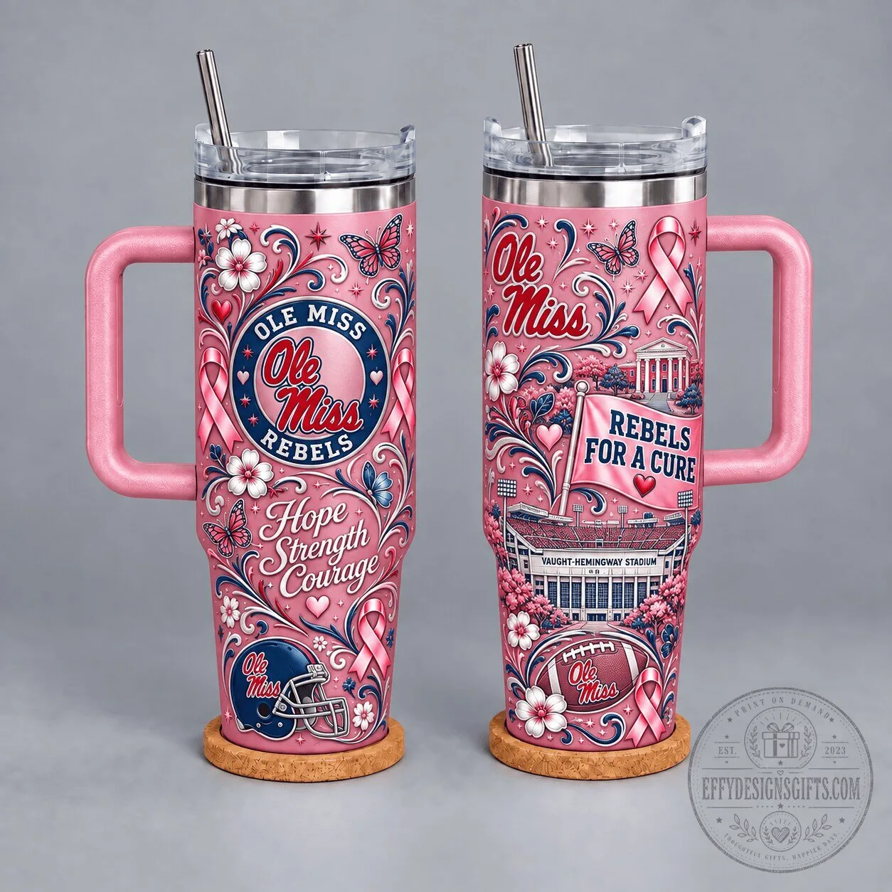 Ole Miss Rebels Breast Cancer Awareness Hope Strength Courage Tumbler