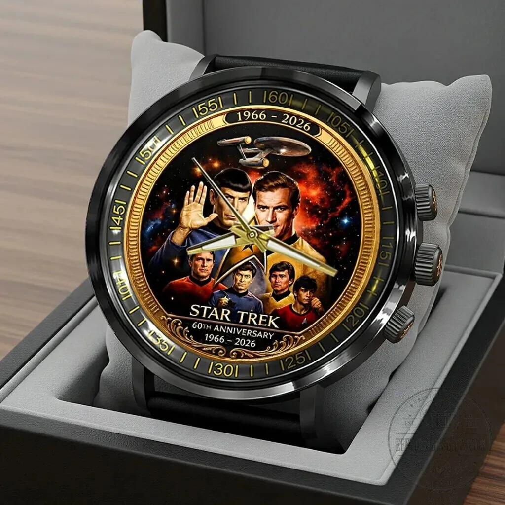 Star Trek 60th Anniversary Black Stainless Steel Watch with Leather Strap