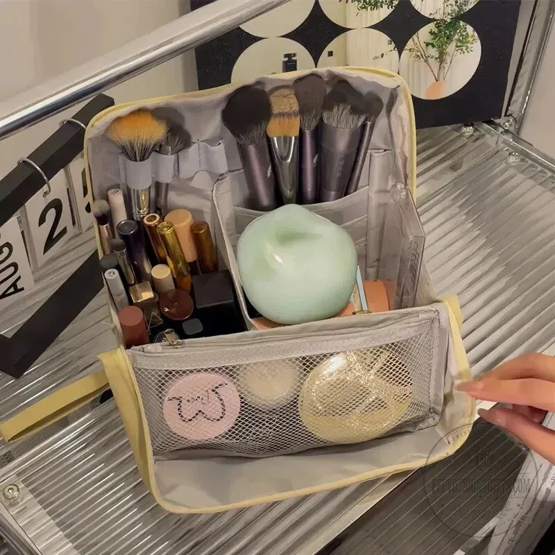 Beige Fabric Makeup Organizer Bag with Spacious Storage and Cosmetic Brush Holders 8 Beige Fabric Makeup Organizer Bag with Spacious Storage and Cosmetic Brush Holders