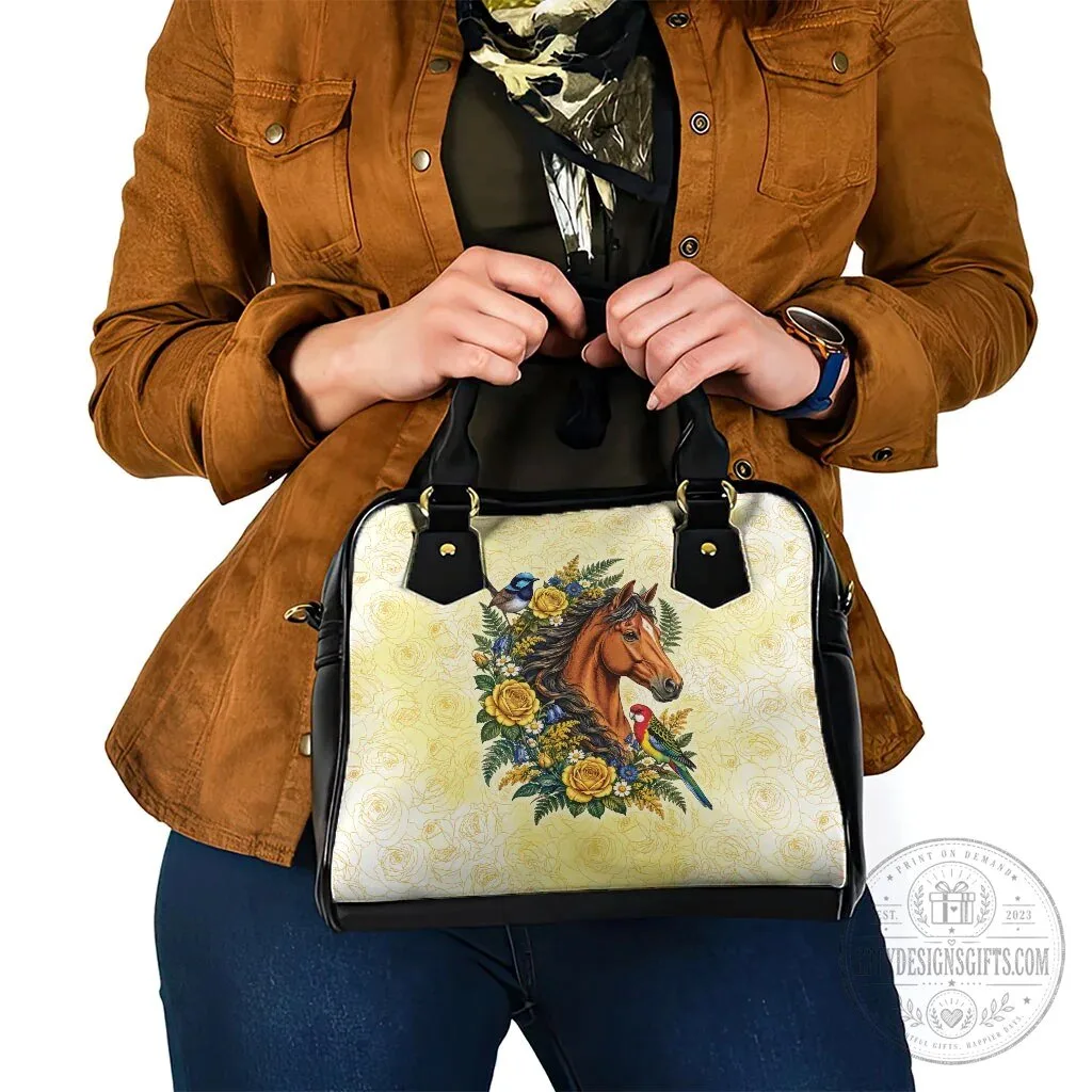 Elegant Horse Yellow Rose Wreath Shoulder Handbag with Blue Wren and Rosella Parrot 13 Elegant Horse Yellow Rose Wreath Shoulder Handbag with Blue Wren and Rosella Parrot