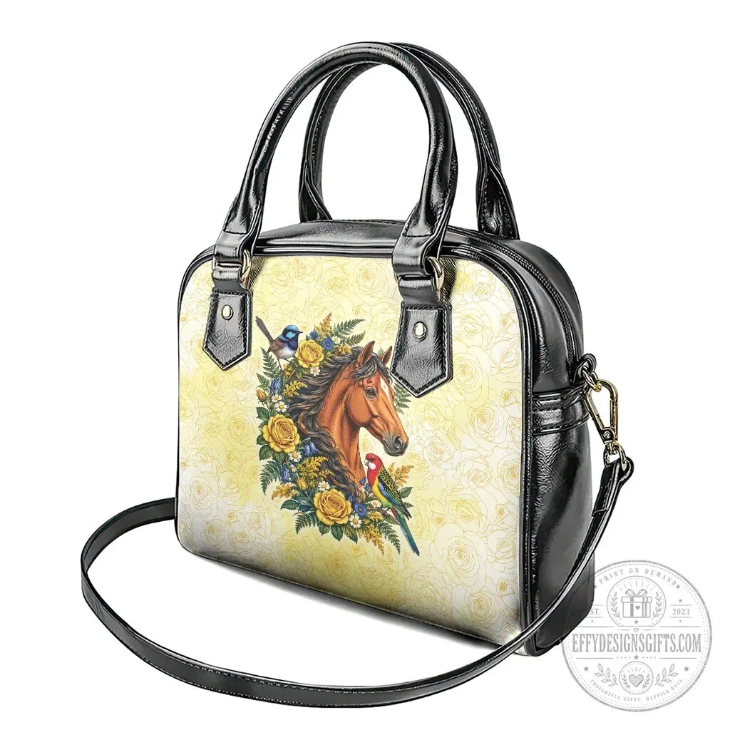 Elegant Horse Yellow Rose Wreath Shoulder Handbag with Blue Wren and Rosella Parrot 14 Elegant Horse Yellow Rose Wreath Shoulder Handbag with Blue Wren and Rosella Parrot