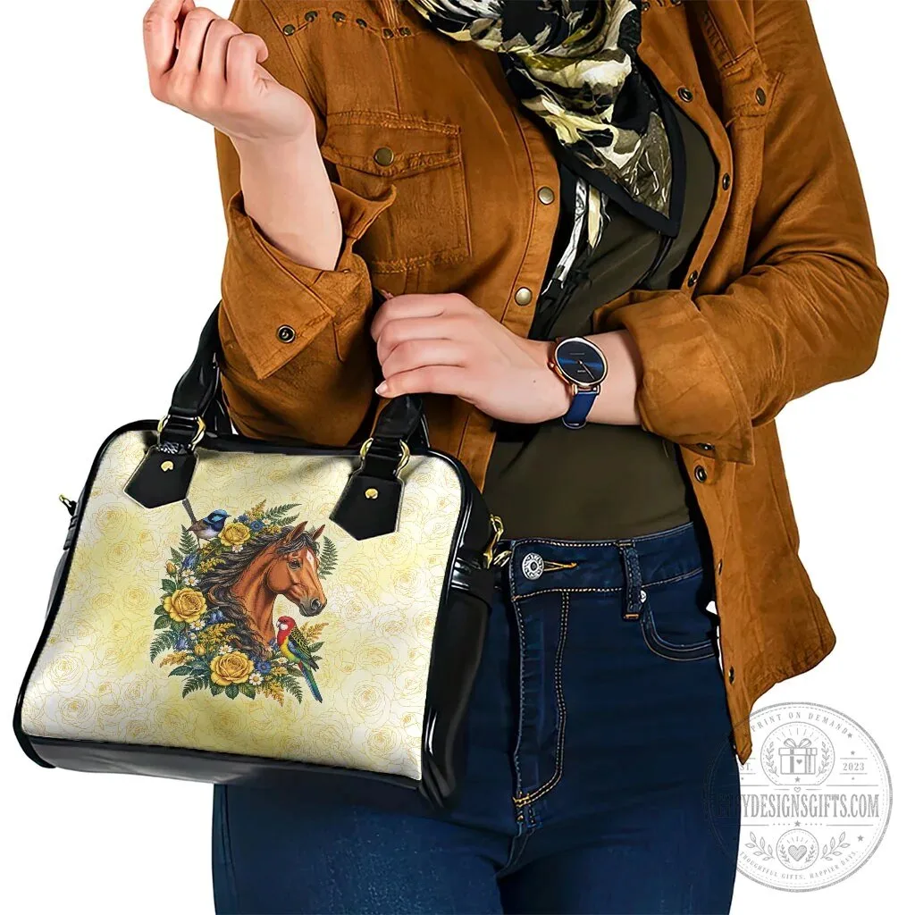 Elegant Horse Yellow Rose Wreath Shoulder Handbag with Blue Wren and Rosella Parrot 17 Elegant Horse Yellow Rose Wreath Shoulder Handbag with Blue Wren and Rosella Parrot