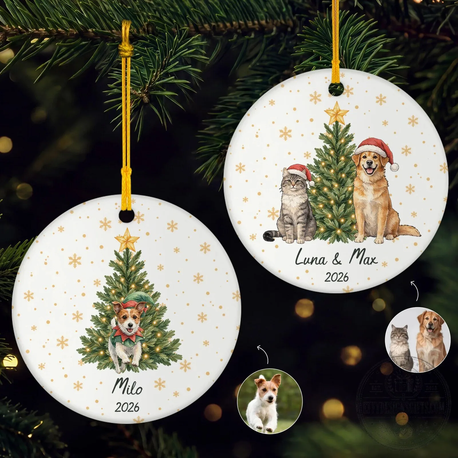 Personalized Pet Christmas Tree Ceramic Ornament with Custom Dog and Cat