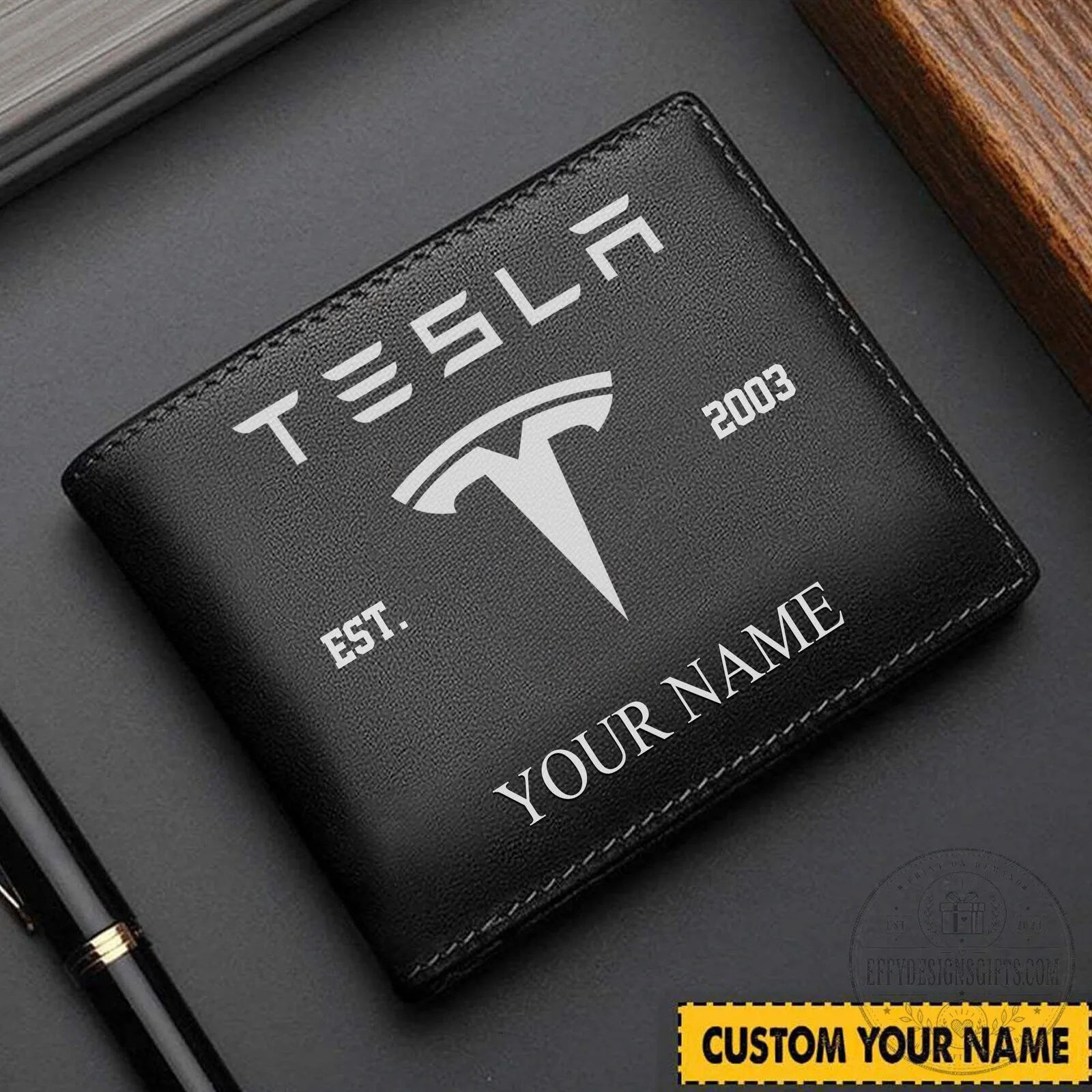 Personalized Tesla Logo Black Leather Wallet with Custom Name