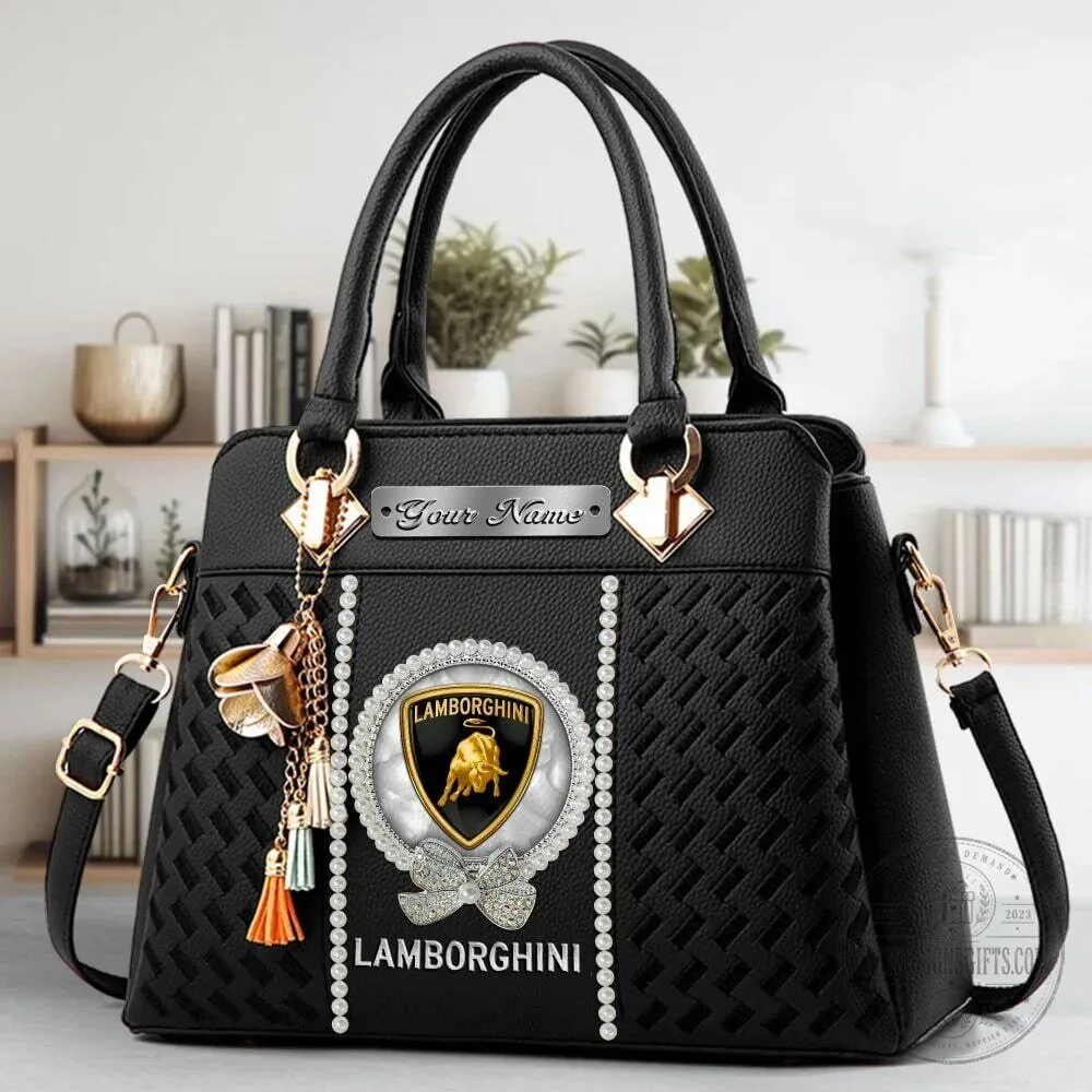 Lamborghini Custom Name Black Leather Women's Handbag with Pearl Embellishments