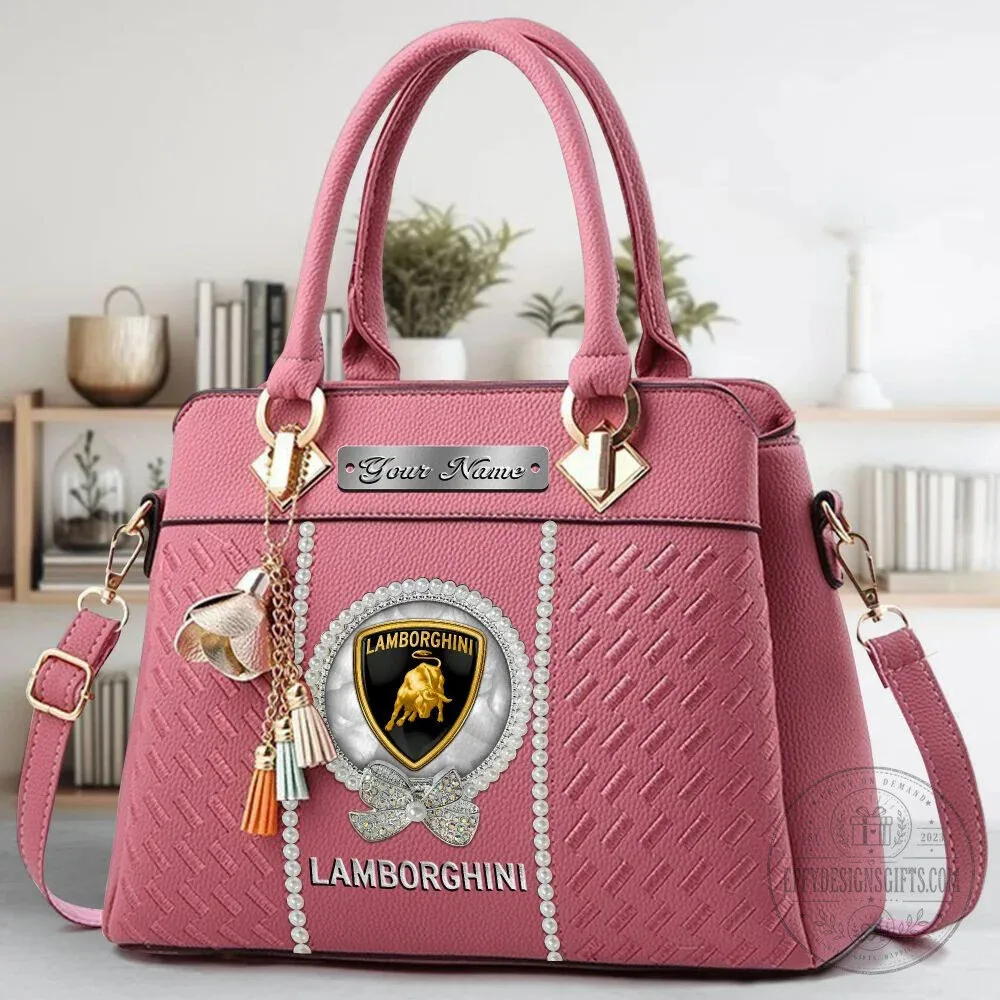 Lamborghini Custom Name Black Leather Women's Handbag with Pearl Embellishments 20 Lamborghini Custom Name Black Leather Women
