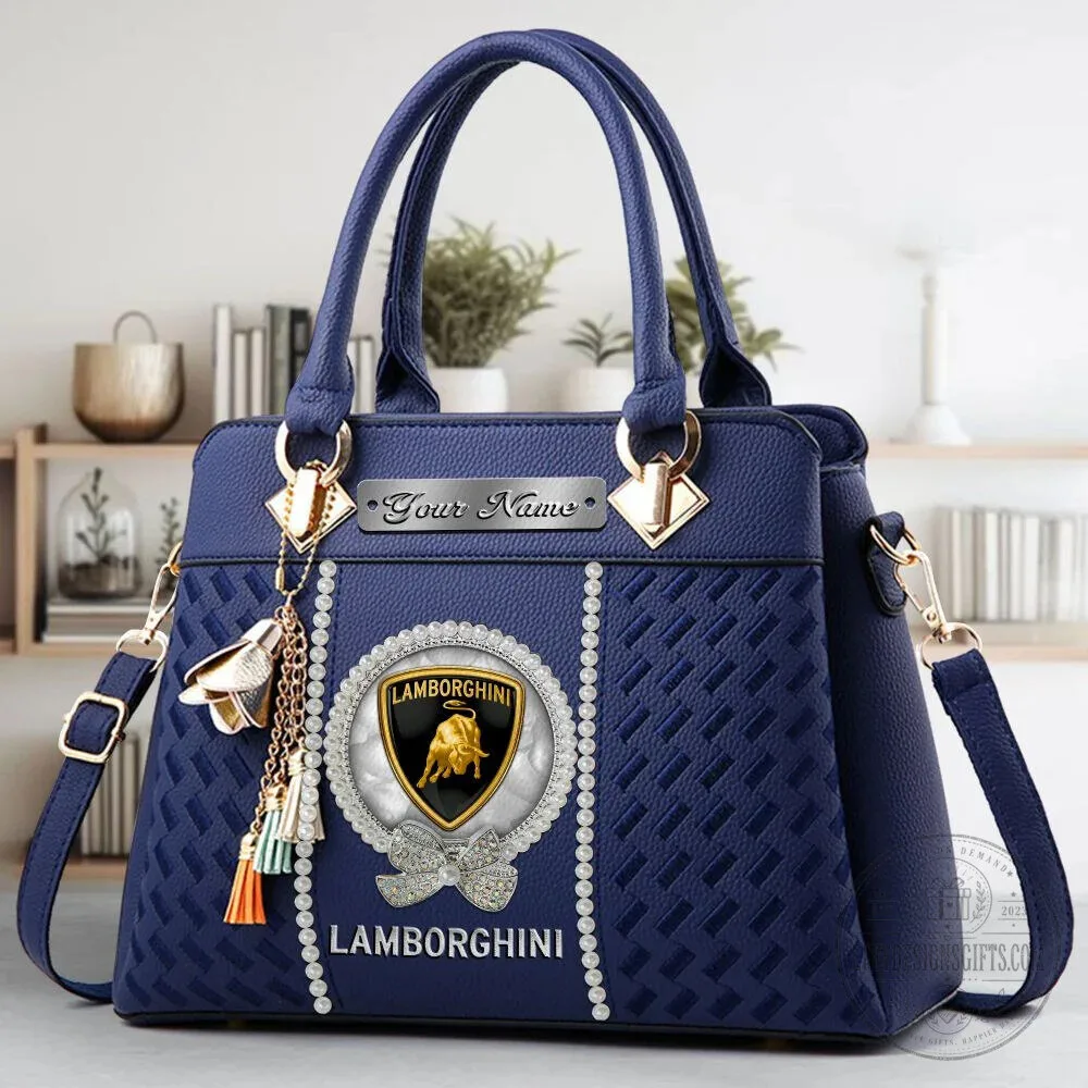 Lamborghini Custom Name Black Leather Women's Handbag with Pearl Embellishments 21 Lamborghini Custom Name Black Leather Women
