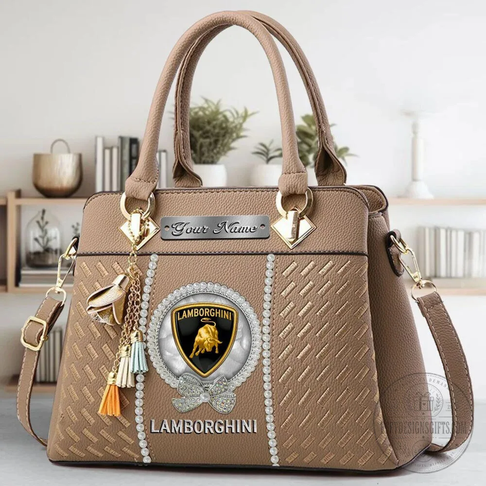 Lamborghini Custom Name Black Leather Women's Handbag with Pearl Embellishments 22 Lamborghini Custom Name Black Leather Women