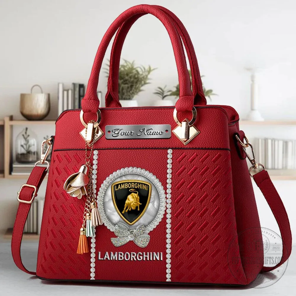 Lamborghini Custom Name Black Leather Women's Handbag with Pearl Embellishments 23 Lamborghini Custom Name Black Leather Women