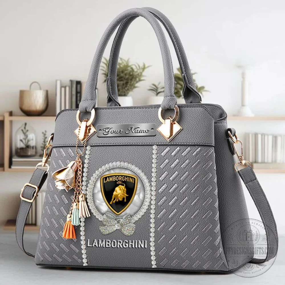 Lamborghini Custom Name Black Leather Women's Handbag with Pearl Embellishments 24 Lamborghini Custom Name Black Leather Women