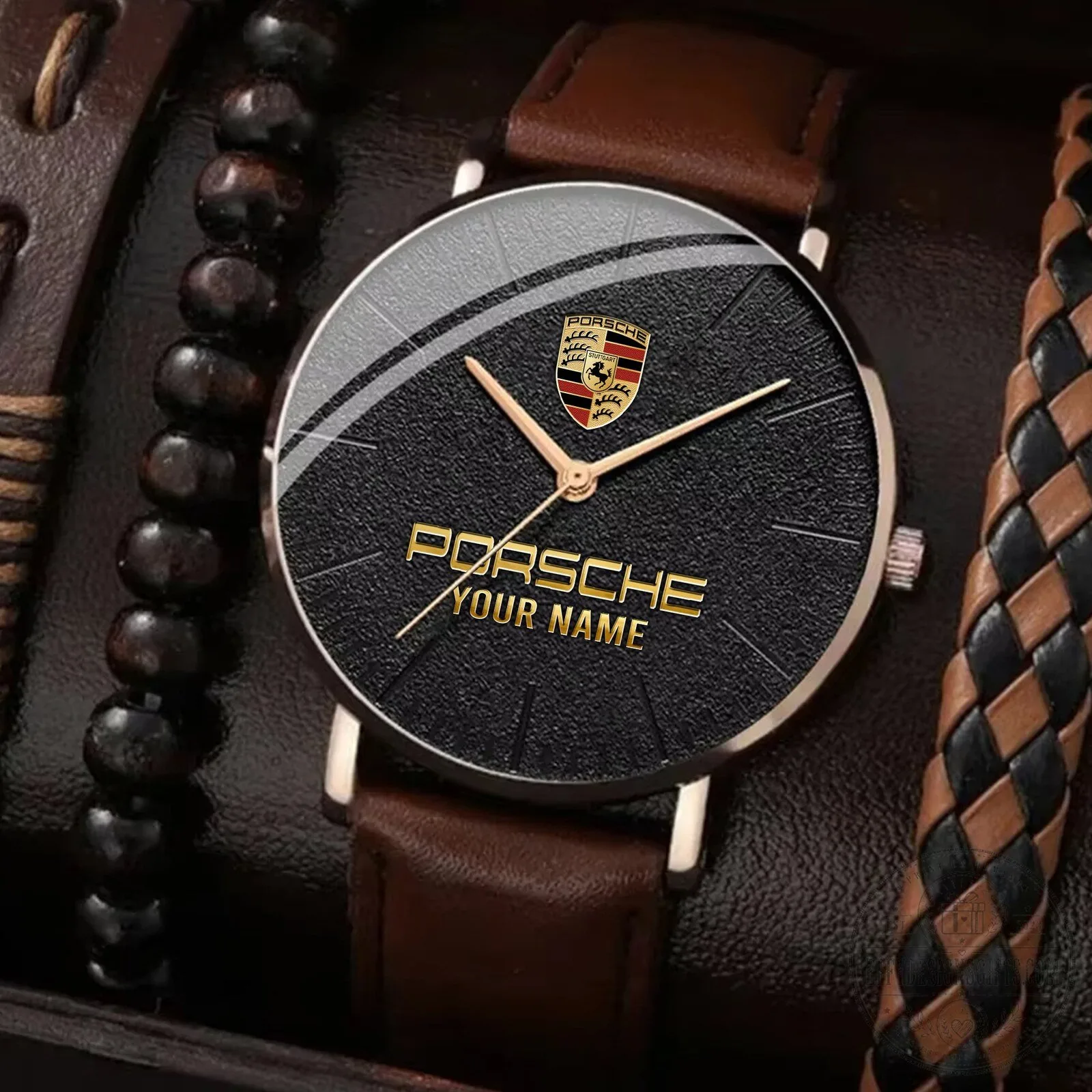 Porsche Custom Name Casual Business Men Leather Quartz Watch