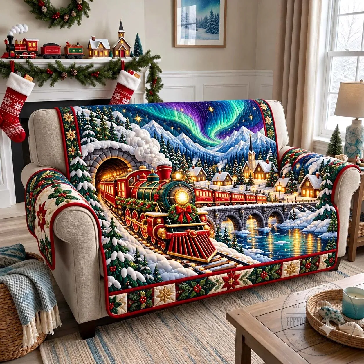 Northern Lights Railway Christmas Train Quilted Sofa Cover