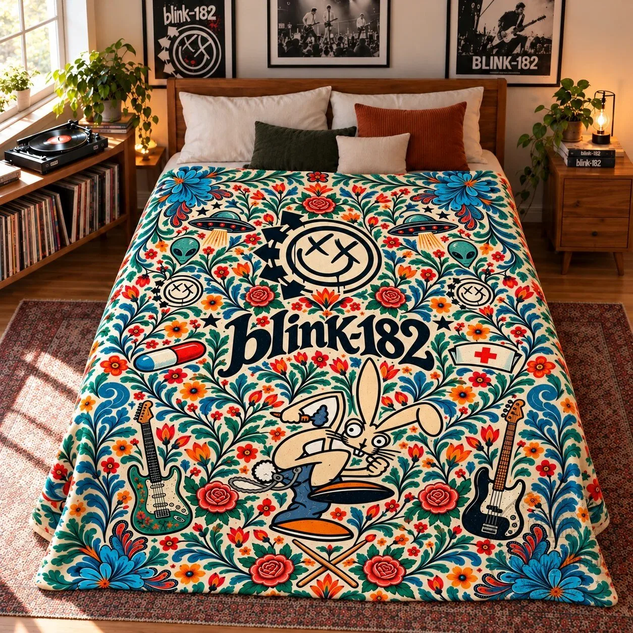 Blink-182 Nordic Folk Art Bunny and Smiley Logo Pop Punk Band Throw Blanket