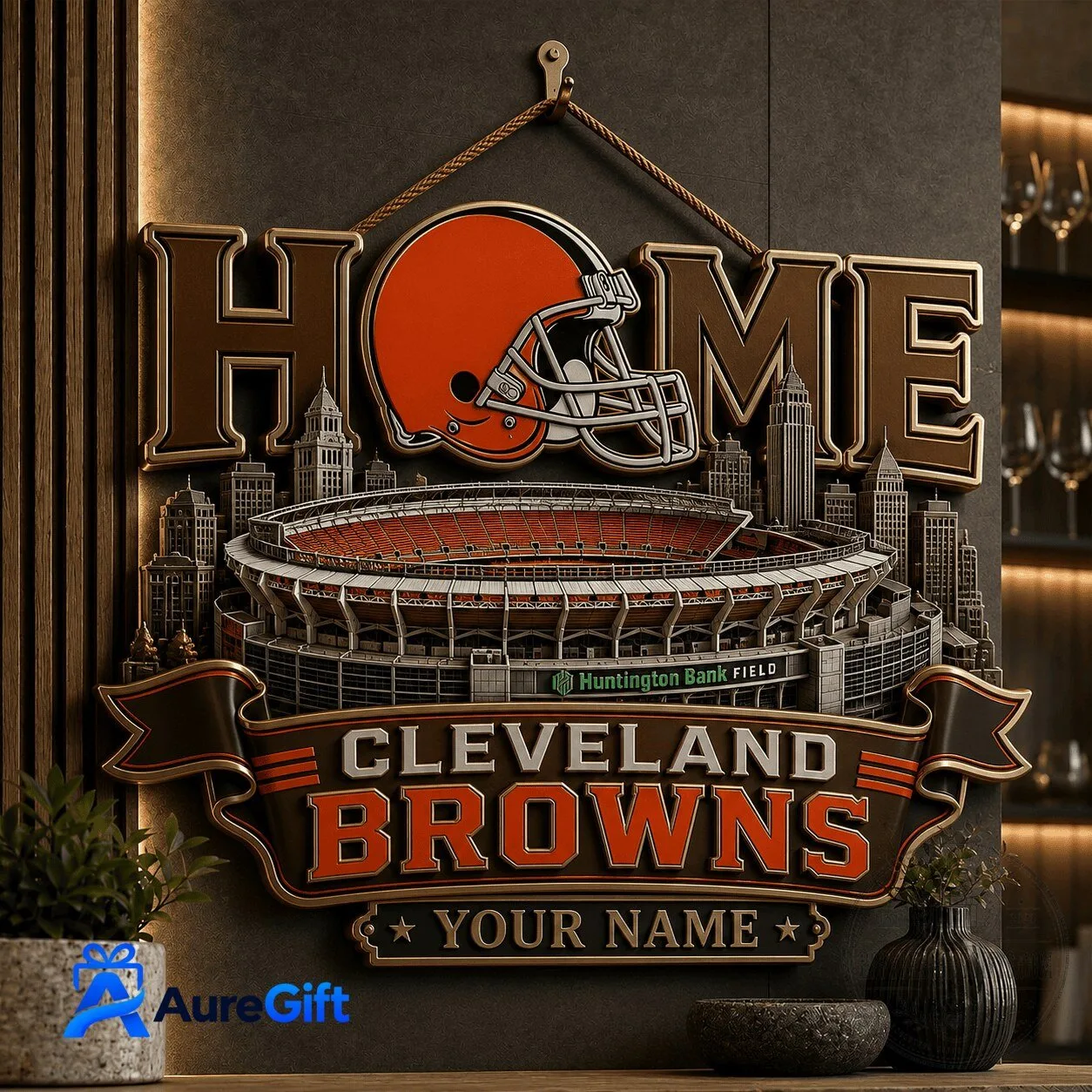 Personalized Cleveland Browns Football Team Metal Wall Art Sign with Custom Name