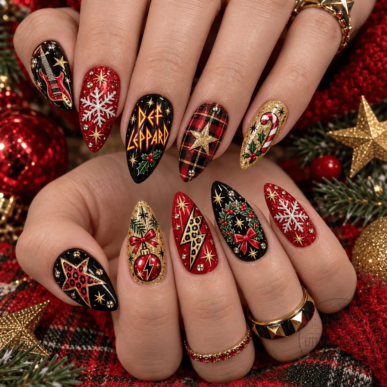 Def Leppard Christmas Holiday Rock and Roll Press-On Nails Set