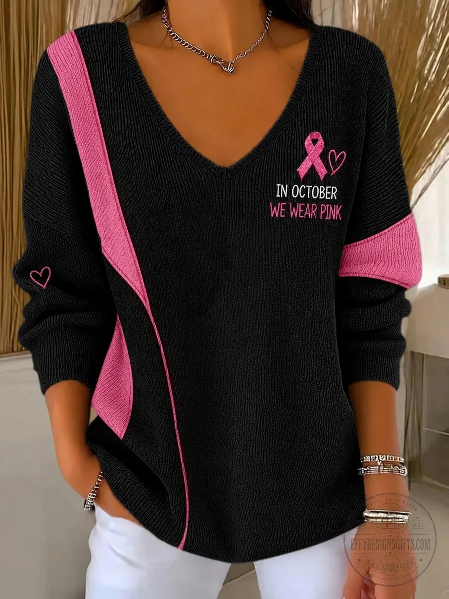 Breast Cancer Awareness Pink Ribbon In October We Wear Pink V-Neck Sweater