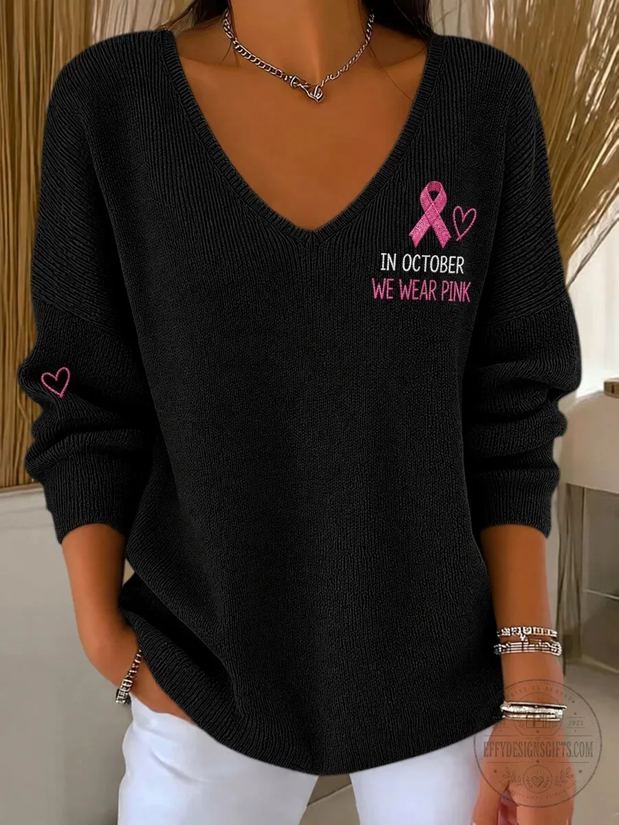 Breast Cancer Awareness Pink Ribbon In October We Wear Pink V-Neck Sweater 7 Breast Cancer Awareness Pink Ribbon In October We Wear Pink V-Neck Sweater