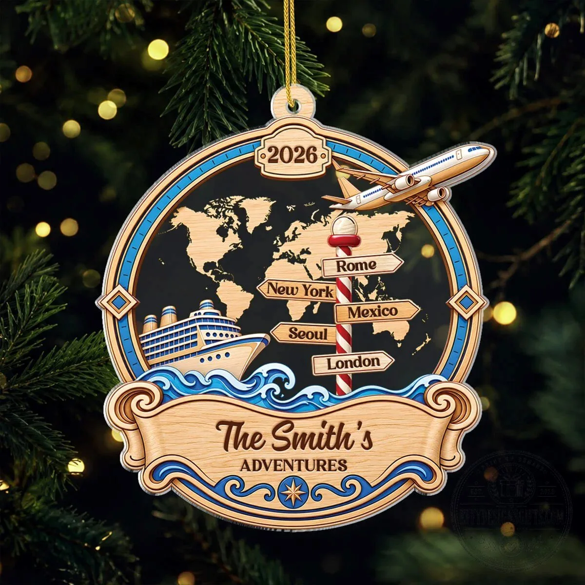 Personalized Family Travel Adventure World Map Christmas Tree Ornament