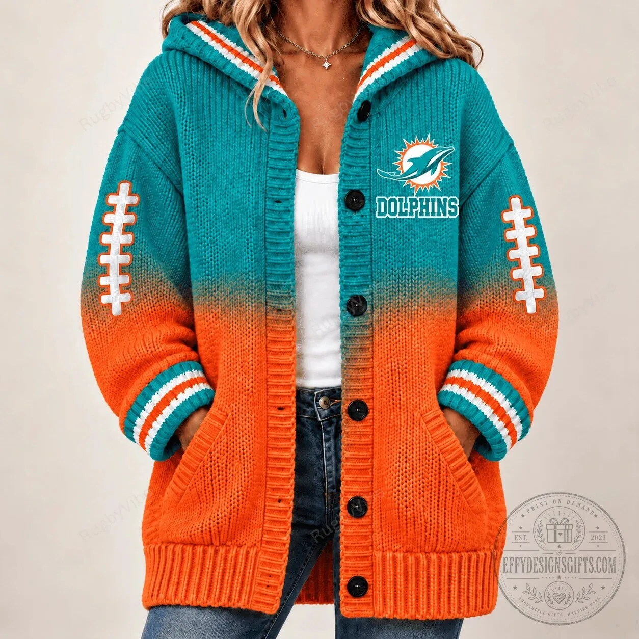Miami Dolphins Ombre Knit Cardigan Hoodie with Football Stripes