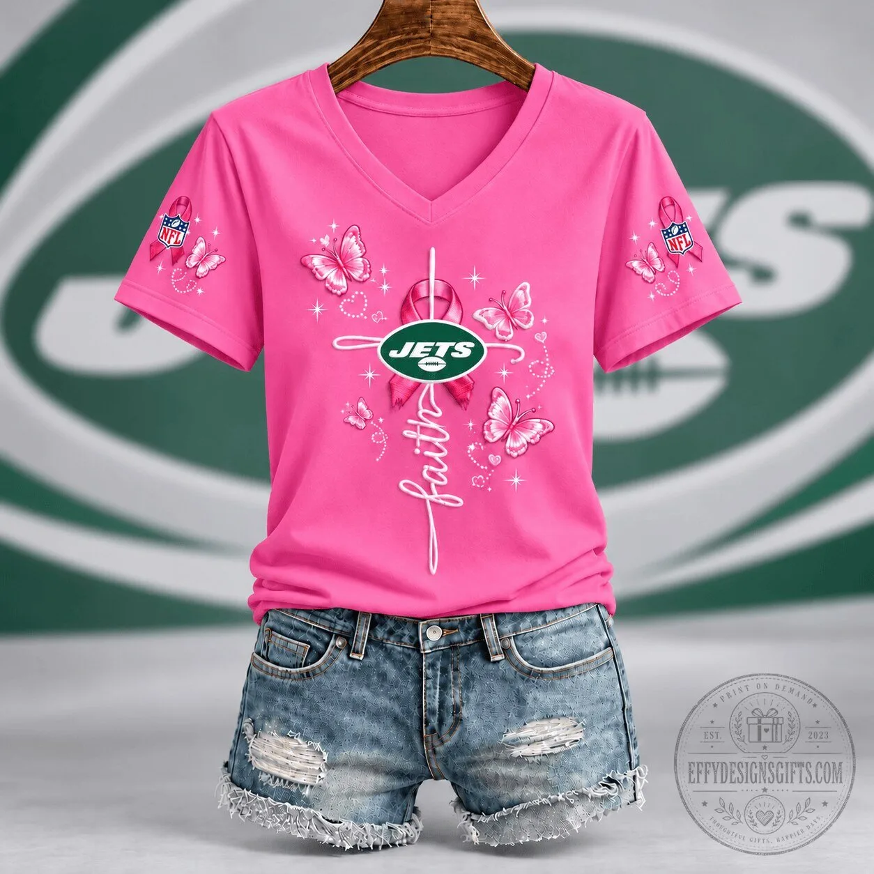 New York Jets NFL Faith Hope Love Breast Cancer Awareness Pink T-Shirt