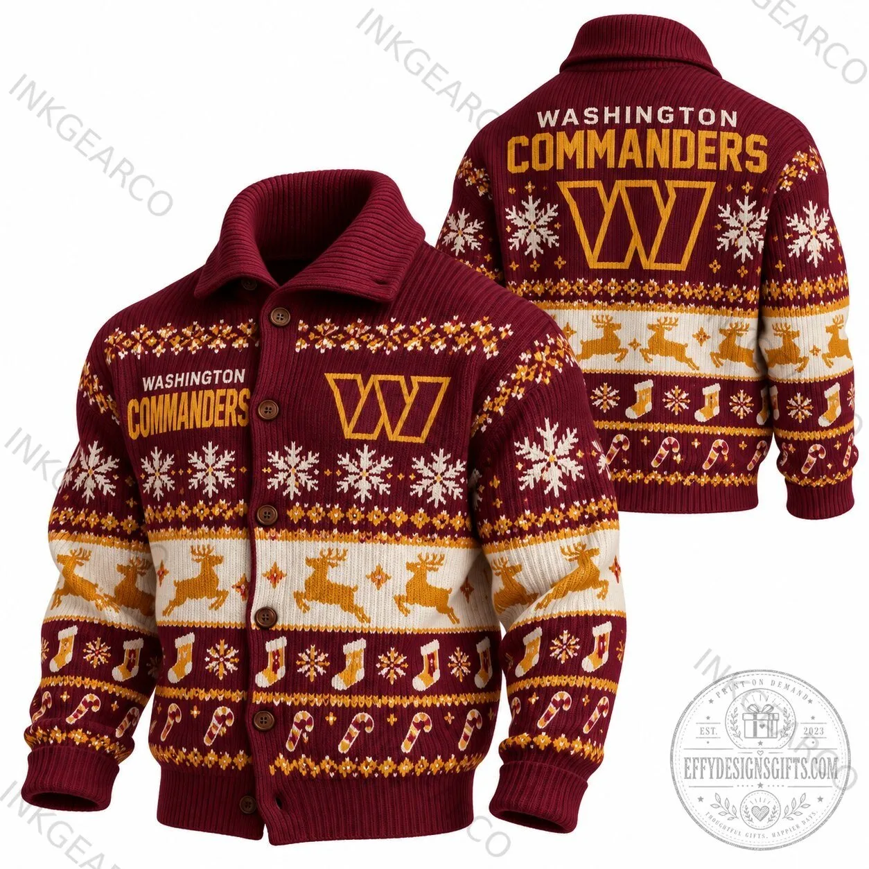 Washington Commanders Christmas Reindeer Snowflake Pattern Ugly Sweater Cardigan 1 Washington Commanders Christmas Reindeer Snowflake Pattern Ugly Sweater Cardigan