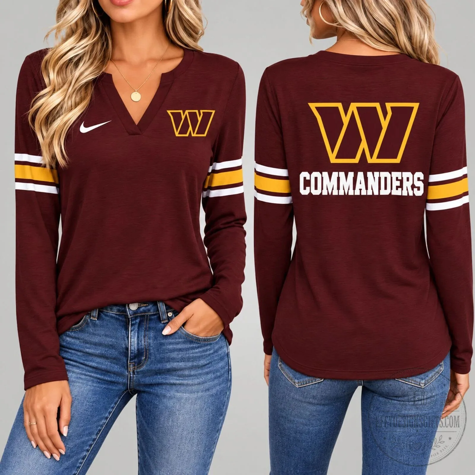 Washington Commanders Women's Maroon V-Neck Long Sleeve T-Shirt