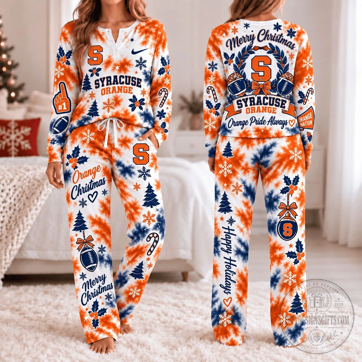 Syracuse Orange Christmas Tie-Dye Long Sleeve Button Neck Pajamas Set