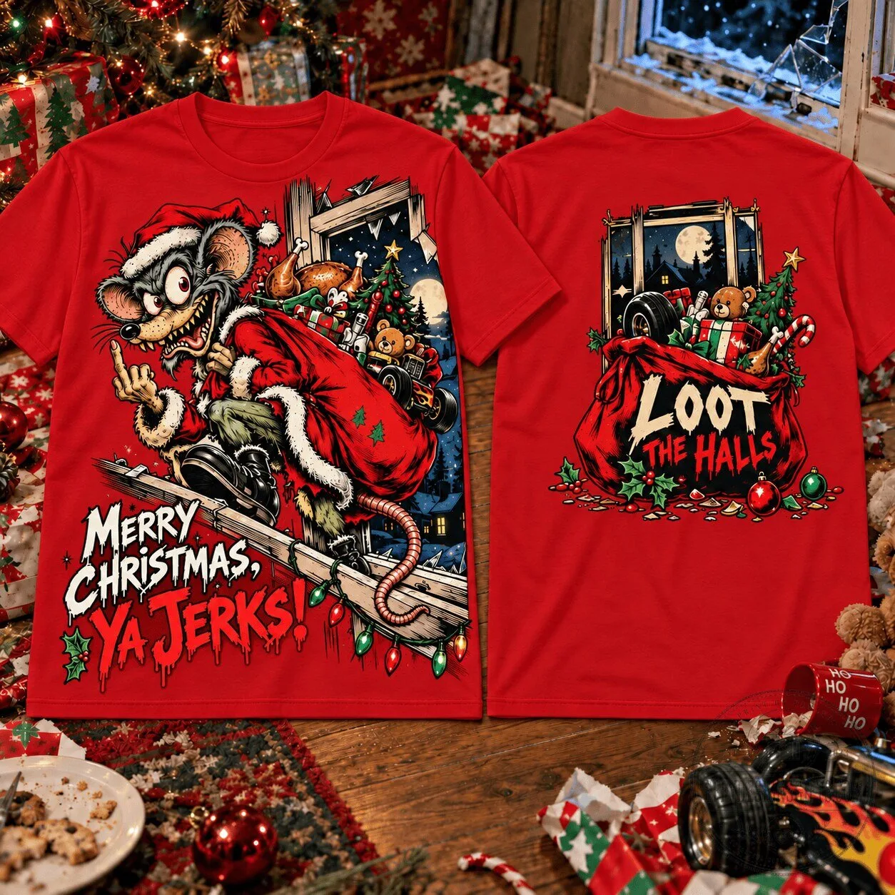 Rat Fink Merry Christmas Ya Jerks Holiday Loot The Halls Red T-Shirt