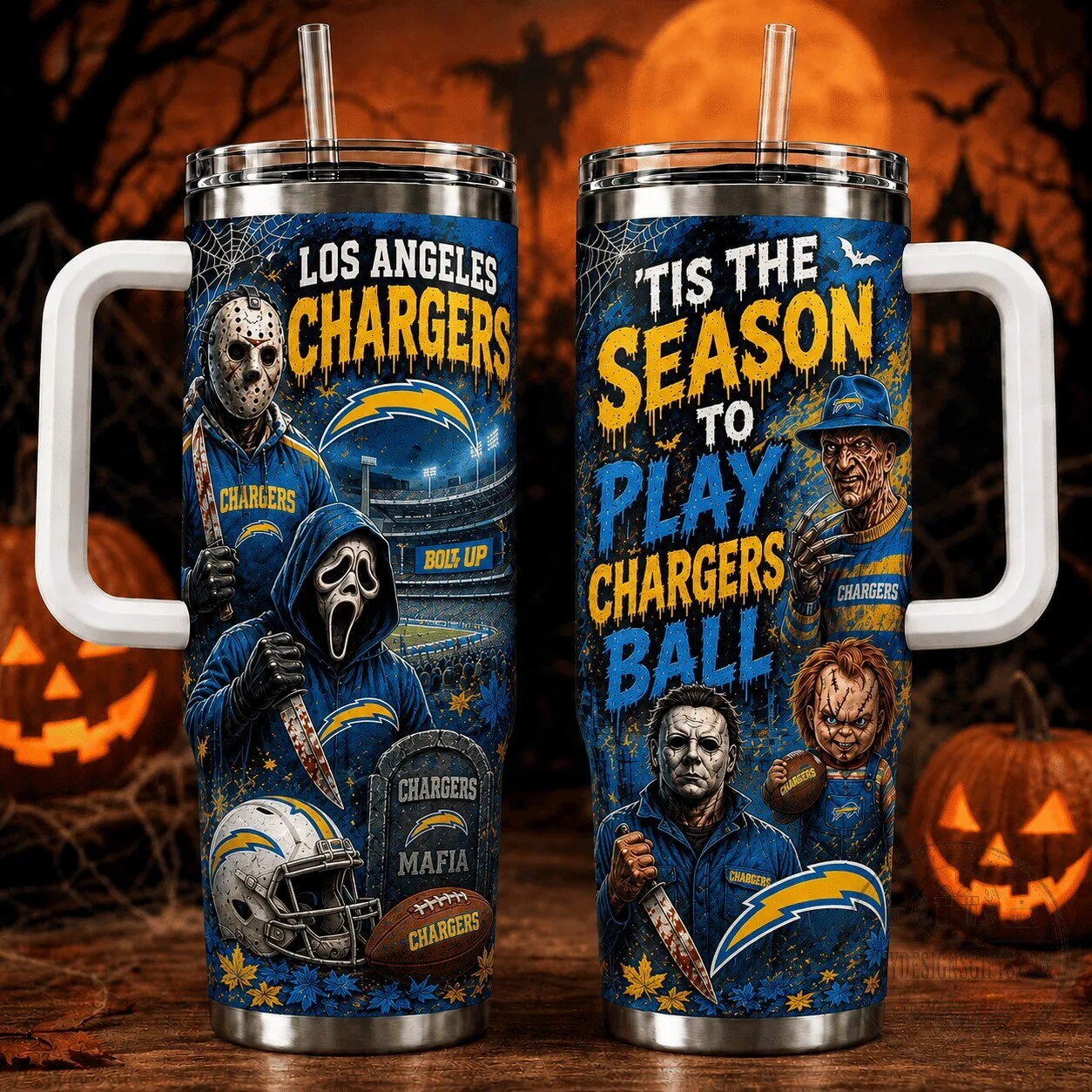 Football Tumbler Featuring Los Angeles Chargers Halloween Horror Movie Icons