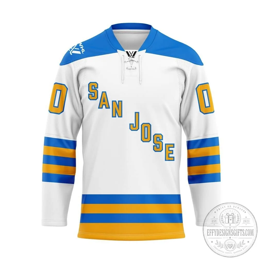 San Jose Sharks Personalized Away White Blue Yellow Ice Hockey Jersey