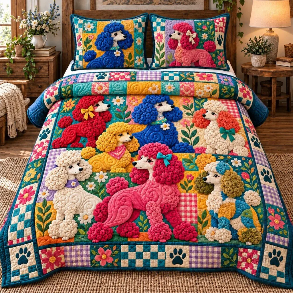 Colorful Poodle Patchwork Quilted Bedding Set Colorful Poodle Patchwork Quilted Bedding Set